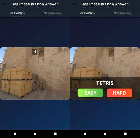 Quiz screen with a highlighted point on a Dust II minimap